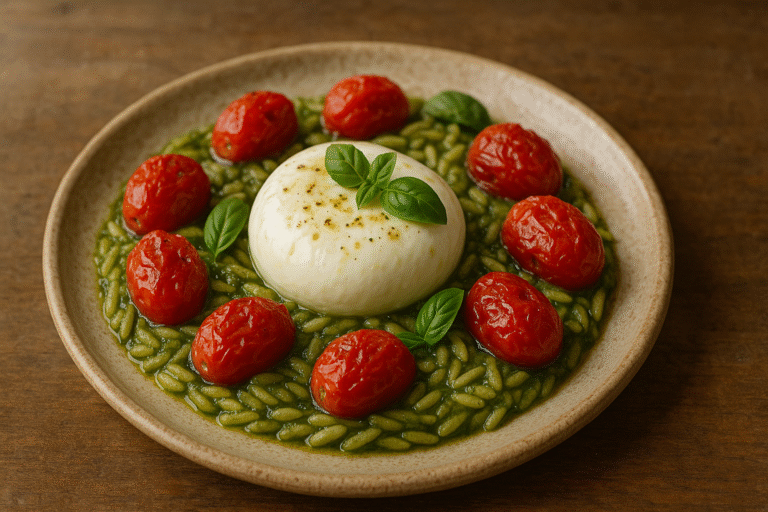 Orzo with pesto, burrata, and roasted tomatoes