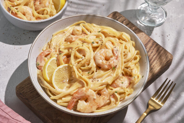 Creamy shrimp pasta with garlic, lemon and herbs.